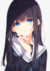  :o black_hair black_shirt blue_eyes blue_neckerchief blush commentary female grey_background hand_up highres long_hair long_sleeves looking_at_viewer mamyouda neckerchief original parted_lips puffy_long_sleeves puffy_sleeves sailor_collar school_uniform serafuku shirt signature simple_background solo upper_body white_sailor_collar 