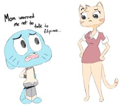  anthro cartoon_network clothed clothing colored dialogue digital_media_(artwork) domestic_cat duo english_text eye_contact eyebrows felid feline felis female filipino general_proton gumball_watterson hand_behind_back hands_on_hips hayop_ka! humanoid humor looking_at_another male male/female mammal nervous nimfa_dimaano raised_eyebrow simple_background text the_amazing_world_of_gumball worried_look 