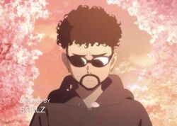  1boy anime_screenshot bad_bunny beard black_hair black_hoodie cherry_blossoms curly_hair earrings facial_hair foreground_text frown hood hood_down hoodie jewelry male_focus nose_piercing nose_ring official_art petals piercing real_life sky solo sunglasses third-party_source upper_body 