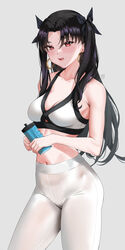  alternate_costume bare_arms bare_shoulders black_hair black_ribbon blush bottle breasts cleavage collarbone commentary contrapposto cowboy_shot crop_top earrings english_commentary fate/grand_order fate_(series) female grey_background hair_ribbon halterneck high-waist_pants highres hoop_earrings ishtar_(fate) jewelry linea_alba long_hair looking_at_viewer medium_breasts navel open_mouth pants parted_bangs red_eyes ribbon ryudraw see-through see-through_legwear simple_background solo sports_bra sportswear stomach thighs two_side_up water_bottle white_pants white_sports_bra yoga_pants 