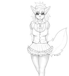  anthro aurum_(kiit0s) breasts canid canine cleavage clothed clothing female hi_res kiit0s looking_at_viewer maid_uniform mammal monochrome solo uniform 