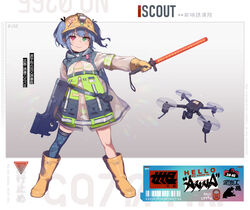  armband atte_nanakusa barcode bikini blue_hair boots bullpup camouflage camouflage_legwear drone female gloves green_eyes gun hair_through_headwear heterochromia high-visibility_jacket high-visibility_vest highres holding holding_gun holding_weapon jacket micro_bikini original p90 red_eyes rubber_boots scout_(atte_nanakusa) see-through simple_background single_thighhigh submachine_gun swimsuit thighhighs traffic_baton twintails weapon 