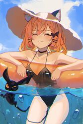  :3 absurdres ahoge air_bubble animal_ear_fluff animal_ears armpits ass_visible_through_thighs black_bow black_cat black_choker black_one-piece_swimsuit blonde_hair blue_sky blush bow braid breasts bubble casual_one-piece_swimsuit cat_ears choker closed_eyes closed_mouth cloud commentary cowboy_shot day ears_through_headwear fang_out feline female hair_ornament hairbow hairclip hat highres innertube long_hair low_twintails lucie_(millie_parfait) medium_hair millie_parfait naokomama nijisanji nijisanji_en oerba_yun_fang one-piece_swimsuit one_eye_closed orange_innertube outdoors partially_submerged partially_underwater_shot skin_fang sky small_breasts solo sun_hat swim_ring swimsuit thighs twintails virtual_youtuber wading 