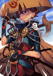  1boy animal_on_shoulder black_gloves brown_cape brown_eyes cape closed_mouth coppa cowboy_shot fingerless_gloves fuurai_no_shiren gloves hand_up hat hungry_clicker male_focus mouth_hold red_hair rice_hat shiren_(fuurai_no_shiren) smile solo stalk_in_mouth standing 