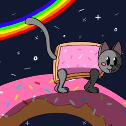  1:1 absurd_res ambiguous_gender blush blush_lines bod1_(artist) dessert digital_drawing_(artwork) digital_media_(artwork) doughnut felid feline feral food fur grey_body grey_fur hi_res mammal meme nyan_cat nyan_cat_(copyright) pastry rainbow solo sprinkles star 