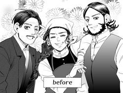  2boys ;d ^_^ apron bad_id bad_twitter_id beard braid business_suit buttons closed_eyes collared_shirt commentary earrings elbow_on_another&#039;s_shoulder elbow_rest english_text facial_hair female floral_background flower_request formal golden_kamuy greyscale hair_slicked_back head_scarf ideshitsuki jewelry kiroranke long_hair long_sleeves mature_male monochrome moustache multiple_boys one_eye_closed open_mouth russian_clothes scar scar_on_face shirt sideburns sidelocks single_braid smile sofia_(golden_kamuy) spoilers suit thick_eyebrows upper_body wilk_(golden_kamuy) 