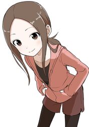  black_pantyhose black_shirt brown_eyes brown_hair brown_shorts closed_mouth commentary_request cowboy_shot female flat_chest forehead hands_on_own_hips highres hood hood_down hooded_jacket inaba_mifumi jacket karakai_jouzu_no_(moto)_takagi-san karakai_jouzu_no_takagi-san leaning_forward light_blush long_hair long_sleeves looking_at_another looking_at_viewer pantyhose parted_hair partial_commentary pink_jacket shadow shirt shorts sidelocks simple_background smile solo standing t-shirt takagi-san white_background 