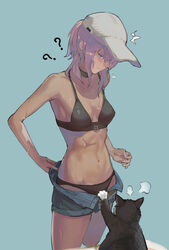  ? ?? baseball_cap bikini black_bikini black_choker blue_background blue_eyes blue_shorts breasts choker closed_mouth collarbone feline female girls&#039;_frontline hat highres mai_(xskdizzy) navel official_alternate_costume open_clothes open_fly open_shorts pink_hair short_shorts shorts simple_background small_breasts solo st_ar-15_(breeze_in_a_summer_afternoon)_(girls&#039;_frontline) st_ar-15_(girls&#039;_frontline) stomach sweat swimsuit white_hat 