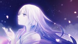  annerica colored_skin from_side glowing gradient_hair hand_up highres long_hair multicolored_hair onmyoji outstretched_hand parted_lips petals profile purple_eyes purple_theme reaching semigoori_yuki_onna shawl sky white_hair yuki_onna_(onmyoji) 