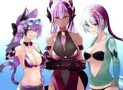  3girls adjusting_eyewear animal_ears animal_hands bare_shoulders bikini blush breasts cat_ears cat_girl cat_paws cat_tail cheshire_cat_(monster_girl_encyclopedia) claws cleavage closed_mouth collarbone commentary_request crossed_arms dark-skinned_female dark_skin dragon_girl extra_tongue eyes_visible_through_hair eyewear_on_head grin hair_between_eyes half-closed_eyes hand_on_own_hip highres jabberwock_(monster_girl_encyclopedia) jacket large_breasts long_hair long_sleeves looking_at_viewer mad_hatter_(monster_girl_encyclopedia) monster_girl monster_girl_encyclopedia multicolored_hair multiple_girls o-ring o-ring_bikini o-ring_top one-piece_swimsuit open_mouth pink_hair purple_fur purple_hair saliva sideboob smile standing swimsuit tail tongue two-tone_hair white_hair yellow_eyes yositsune 