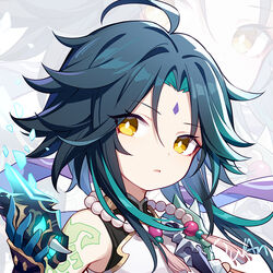  1boy ahoge arm_tattoo artist_name bare_shoulders bead_necklace beads bright_pupils diamond-shaped_pupils diamond_(shape) eyes_visible_through_hair facial_mark forehead_mark genshin_impact green_hair hair_between_eyes hand_up holding holding_mask jewelry looking_to_the_side male_focus mask multicolored_hair necklace parted_bangs parted_lips portrait quan_(kurisu_tina) short_hair_with_long_locks sideways_glance signature solo streaked_hair symbol-shaped_pupils tassel tattoo two-tone_hair unworn_mask white_pupils xiao_(genshin_impact) yellow_eyes zoom_layer 