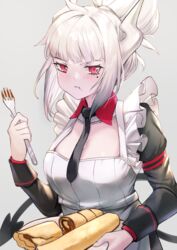  alternate_costume apron bad_id bad_pixiv_id black_necktie black_tail blush breasts cleavage crepe demon_girl demon_horns demon_tail eating enmaided female food fork grey_background hair_bun helltaker highres holding holding_fork holding_plate horns large_breasts long_hair looking_at_viewer lucifer_(helltaker) maid maid_apron mole mole_under_eye necktie plate red_eyes rui_rubellent single_hair_bun solo tail white_apron white_hair white_horns 