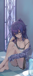  absurdres asahina_mafuyu blue_eyes blush breasts cleavage cropped_shirt crossed_legs female glasses high_ponytail highres jewelry large_breasts long_sleeves looking_at_viewer medium_hair necklace off_shoulder project_sekai purple_hair shirt short_shorts shorts sitting solo soshite_ima_ribbon_wo_musunde_(project_sekai) sweater tomura2maru 