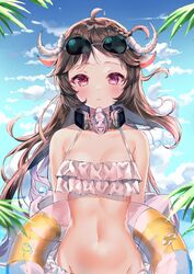  absurdres ahoge animal_ears arknights bad_id bad_twitter_id bare_shoulders bikini brown_hair cloud collarbone commentary_request day eyewear_on_head eyjafjalla_(arknights) female frilled_bikini frills groin halterneck highres horns innertube long_hair looking_at_viewer lotpi navel off_shoulder outdoors sheep_ears sheep_horns solo stomach sunglasses swim_ring swimsuit upper_body white_bikini 