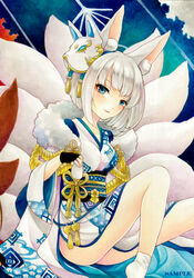  amateras animal_ears azur_lane blue_eyes blunt_bangs eyeliner eyeshadow female fox_ears fox_girl fox_mask fox_tail fur-trimmed_kimono fur_trim highres japanese_clothes kaga_(azur_lane) kaga_(white_fox&#039;s_new_year)_(azur_lane) kimono kitsune makeup mask mask_on_head multiple_tails official_alternate_costume sample_watermark short_hair tail watermark white_hair white_kimono 