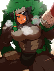  5_fingers absurd_res ambiguous_gender anthro black_clothing black_underwear blood bodily_fluids breath brown_body clothed clothing disembodied_hand duo facial_scar fingers fist_bump generation_8_pokemon gesture green_hair hair hi_res leg_scar male mammal muscular muscular_anthro muscular_male nintendo nosebleed open_mouth orange_eyes orangetaming pecs pokemon pokemon_(species) primate rillaboom scar solo_focus topless underwear 