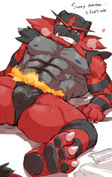  3_toes anthro black_body black_clothing black_fur black_pawpads black_underwear blood bodily_fluids breath claws clenched_teeth clothing feet fur generation_7_pokemon green_eyes hi_res incineroar looking_at_viewer lying male muscular muscular_anthro muscular_male nintendo nipples nosebleed on_back orangetaming pawpads pecs pokemon pokemon_(species) red_body red_fur scar simple_background solo teeth toe_claws toes underwear white_background wounded 