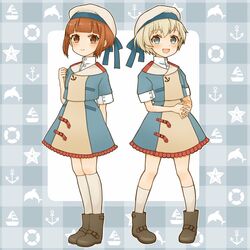  2girls alternate_costume anchor blue_eyes blunt_bangs blush boat boots brown_eyes brown_footwear brown_hair cocoperino dolphin dress full_body grey_hair hat innertube kantai_collection kneehighs multiple_girls open_mouth sailor_hat short_hair short_sleeves simple_background smile socks standing starfish swim_ring thighhighs watercraft white_headwear white_legwear z1_leberecht_maass_(kancolle) z3_max_schultz_(kancolle) 