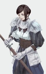  armor blue_eyes brown_hair corset dark_souls_(series) dark_souls_iii female gauntlets gorget highres itsuki_(itsukiovo) puffy_short_sleeves puffy_sleeves short_sleeves shoulder_armor sirris_of_the_sunless_realms unworn_headwear veil_removed weapon 