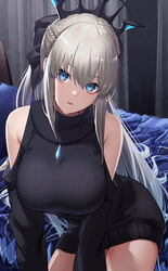  black_bow black_sweater bow braid breasts clothing_cutout fate/grand_order fate_(series) female gem grey_hair hairbow half_up_braid highres indoors ironatsuki large_breasts long_hair long_sleeves looking_at_viewer morgan_le_fay_(fate) open_mouth shoulder_cutout solo sweater 