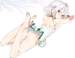  aida_(chinhung0612) antenna_hair ass bare_legs bare_shoulders barefoot blush breasts casual_one-piece_swimsuit closed_mouth commentary elf feet feet_up female flower full_body green_one-piece_swimsuit grey_hair hair_between_eyes hair_flower hair_ornament highres kokkoro_(princess_connect!) kokkoro_(summer)_(princess_connect!) legs looking_at_viewer looking_back lying on_stomach one-piece_swimsuit pink_eyes pointy_ears princess_connect! short_hair simple_background small_breasts smile solo swimsuit white_background 