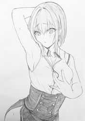  arm_up armpits blush breasts collarbone collared_shirt cowboy_shot eyelashes female grabbing_own_breast greyscale hair_between_eyes high-waist_skirt highres hololive houshou_marine houshou_marine_(businesswoman) looking_at_viewer medium_breasts medium_hair monochrome official_alternate_costume ooike_teru presenting_armpit shirt sidelocks simple_background skirt sleeveless sleeveless_shirt solo sweatdrop traditional_media virtual_youtuber 