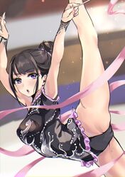  absurdres arms_up athletic_leotard black_hair blurry blurry_background blush commentary cuffs depth_of_field eyelashes fake_nails female frills gymnastics gymnastics_ribbon hair_bun hair_up highres himekawa_(shashaki) leg_up leotard mole mole_on_thigh mole_under_eye open_mouth original purple_eyes rhythmic_gymnastics ribbon ribbon_baton scrunchie shashaki sidelocks single_hair_bun solo wrist_cuffs 