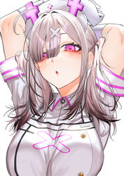  ahoge apron armpits arms_behind_head arms_up bandaged_arm bandages blush breasts eyes_visible_through_hair female gloves gomo grey_hair hair_ornament hair_over_one_eye hat highres large_breasts looking_at_viewer mole mole_under_eye nijisanji nurse nurse_cap open_mouth purple_eyes simple_background solo stretching sukoya_kana sukoya_kana_(1st_costume) twintails virtual_youtuber white_apron white_gloves white_hat white_wrist_cuffs wrist_cuffs x_hair_ornament 