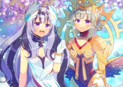  2girls :d bare_shoulders black_bodysuit black_hair black_wings blurry blurry_background bodysuit closed_mouth collarbone commentary_request commission depth_of_field dress feathered_wings fire_emblem fire_emblem_engage fire_emblem_heroes grey_hair hand_up kou_hiyoyo long_hair low_wings multicolored_hair multiple_girls official_alternate_hairstyle purple_eyes skeb_commission sleeveless sleeveless_dress smile two-tone_hair veronica_(fire_emblem) veronica_(princess_rising)_(fire_emblem) very_long_hair veyle_(fire_emblem) white_dress wings 