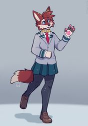  4_fingers anthro blush bottomwear canid canine canis clothed clothing collar fingers fleurfurr footwear formal_wear hi_res jfet male mammal my_hero_academia necktie on_one_leg pants plantigrade shoes simple_background skirt solo standing wolf 