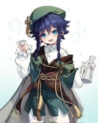  1boy alcohol beret black_hair blue_eyes blush braid cape flower_knot genshin_impact green_cape green_hat green_shorts hat highres male_focus official_alternate_costume open_mouth sake shao_(shaorouhong) short_hair_with_long_locks shorts smile solo suikou_(genshin_impact) twin_braids venti_(genshin_impact) wide_sleeves 