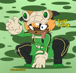  absurd_res anthro asui_tsuyu badger big_hands big_mouth_(anatomy) blue_eyes brown_body brown_fur clothing cosplay costume crazy_eyes crossover crossover_cosplay crouching ear_piercing ear_ring eyebrows eyewear eyewear_on_head female forked_tongue fur gloves goggles goggles_on_head green_background green_clothing gulonine hair handwear head_tuft heterochromia hi_res hybrid mammal messy_hair muscular mustelid musteline my_hero_academia notched_ear orange_body orange_fur piercing pillothestar ring_piercing short_stack simple_background skinsuit solo suey_(pillothestar) thick_eyebrows thick_thighs tight_clothing tongue tongue_out tuft wide_hips wolverine 