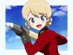  :d artist_name black_gloves blonde_hair blue_eyes border braid commentary_request darjeeling_(girls_und_panzer) dated female girls_und_panzer gloves holding jacket long_sleeves looking_at_viewer military military_uniform naotosi open_mouth outside_border partial_commentary red_jacket short_hair smile solo st._gloriana&#039;s_military_uniform tank_shell tied_hair twin_braids uniform upper_body white_border 