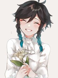  1boy androgynous black_hair blue_hair blush closed_eyes commentary flower genshin_impact gradient_hair highres male_focus multicolored_hair short_hair_with_long_locks smile solo teeth upper_body venti_(genshin_impact) wata_(wataboshi) white_flower 