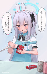  :&lt; alcohol angel&#039;s_24_uniform_(blue_archive) animal_ears apron barcode_scanner beer beer_can black_bow blue_apron blue_archive blush bow buying_condoms can commentary_request drink_can earosoligt fake_animal_ears female grey_eyes grey_hair hairbow halo headset heart highres long_hair miyako_(blue_archive) narrowed_eyes official_alternate_costume okamoto_condoms one_side_up open_mouth partial_commentary rabbit_ears shirt solo speech_bubble translation_request triangle_mouth twitter_username upper_body very_long_hair white_shirt 