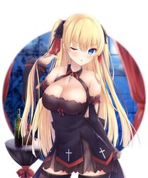  absurdres azur_lane bare_shoulders black_dress black_thighhighs blonde_hair blue_eyes blush bottle bow breasts cleavage cross curtains detached_sleeves dress female hair_ornament hairbow hand_in_own_hair highres kiri_celea large_breasts layered_dress long_hair official_alternate_costume one_eye_closed short_dress sussex_(azur_lane) sussex_(wine_and_red_roses)_(azur_lane) thighhighs wine_bottle zettai_ryouiki 