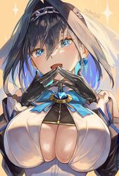  +_+ black_gloves black_hair blue_eyes blue_gemstone blue_hair blue_ribbon bow bow_earrings breasts chain_headband chains cleavage_cutout clothing_cutout covered_nipples cross-shaped_pupils detached_sleeves earrings excited female gem gloves hair_intakes headband heart-shaped_gem highres hololive hololive_english jewelry large_breasts looking_at_viewer open_mouth ouro_kronii revision ribbon ribbon_earrings sailor_collar santafe99 shiny_skin shirt short_hair skindentation sleeveless sleeveless_shirt smile solo sparkle sparkling_eyes star-shaped_pupils star_(symbol) symbol-shaped_pupils underboob underboob_cutout veil virtual_youtuber white_shirt zipper 