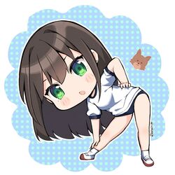  black_hair blush buruma canine chibi earrings female green_eyes gym_uniform hanako_(idolmaster) highres idolmaster idolmaster_cinderella_girls jewelry long_hair open_mouth sasha_chii shibuya_rin shoes short_sleeves socks solo stretching twitter_username uwabaki 