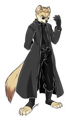  2023 albert_wesker alternate_species anthro blonde_hair capcom clothing coat eyewear fizzy-dog fur furrification gloves hair handwear hi_res male mammal mustelid musteline resident_evil simple_background solo sunglasses tan_body tan_fur topwear trenchcoat true_musteline weasel white_background 