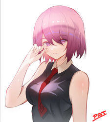  artist_name bare_arms bare_shoulders between_breasts black_dress breasts closed_mouth dress fate/grand_order fate_(series) female hair_between_eyes hand_up highres looking_at_viewer mash_kyrielight medium_breasts necktie necktie_between_breasts pat_bharasarn purple_eyes purple_hair red_necktie short_hair simple_background sleeveless sleeveless_dress smile solo upper_body white_background 