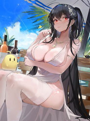  absurdres alcohol azur_lane beach_umbrella black_hair breasts center_opening cocktail_dress dress evening_gown female garter_straps hair_between_eyes hair_ornament hair_strand highres huge_breasts jewelry long_hair manjuu_(azur_lane) necklace official_alternate_costume outdoors plunging_neckline red_eyes satin_dress sitting sleeveless sleeveless_dress solo taihou_(azur_lane) taihou_(temptation_on_the_sea_breeze)_(azur_lane) thighhighs umbrella very_long_hair wedding_dress white_dress white_garter_straps white_thighhighs yoyo_(550098) 