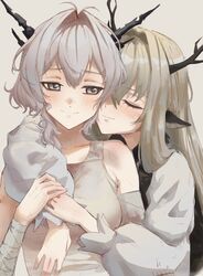  2girls absurdres alina_(arknights) animal_ears arknights bandaged_arm bandages blonde_hair blush breasts closed_eyes closed_mouth collarbone deer_ears deer_girl dragon_horns grey_background grey_eyes grey_hair grey_shirt hair_intakes highres horns hug hug_from_behind long_hair long_sleeves multiple_girls radioneet shirt short_hair simple_background small_breasts smile talulah_(arknights) tank_top upper_body very_long_hair yuri 