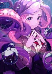  air_bubble breasts bubble character_request colored_skin commission copyright_request female highres jacket long_hair long_sleeves making-of_available monster_girl nachoz_(nachozart) neck_ribbon purple_eyes purple_hair purple_skin purple_theme ribbon scylla smile solo steepled_fingers suction_cups tentacle tentacle_hair underwater 