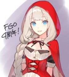  anniversary blue_eyes bow braid breasts cleavage cloak fate/grand_order fate_(series) female ginka_sima grey_hair hood hooded_cloak long_hair looking_at_viewer marie_antoinette_(fate) marie_antoinette_(festival_outfit)_(fate) official_alternate_costume red_bow red_cloak red_hood ribbon 