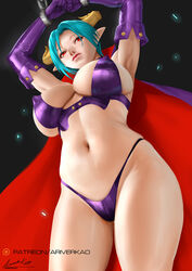  aqua_hair ariverkao armpits arms_up bikini breasts cape carrera cuffs dated demon_girl demon_horns elbow_gloves female gloves highleg highleg_bikini horns large_breasts navel patreon_logo pointy_ears purple_gloves red_eyes shackles short_hair signature solo swimsuit viper viper_gts 