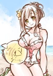  blush breasts brown_hair closed_mouth cloud female flower green_eyes hair_flower hair_ornament hairclip long_hair looking_at_viewer misono_mitama sand smile solo sophia_esteed star_ocean star_ocean_anamnesis star_ocean_till_the_end_of_time swimsuit water 