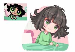  animification artist_name black_hair buttercup_(ppg) buttercup_redraw_challenge_(meme) derivative_work female green_eyes green_shirt highres looking_at_viewer matsuro_meru_(artist) meme messy_hair pajamas pillow powerpuff_girls reference_inset screenshot_inset screenshot_redraw shirt smile solo_focus waking_up 