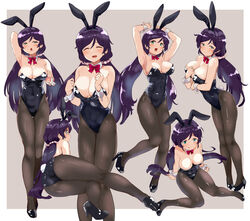  animal_ears aqua_eyes black_leotard black_pantyhose border bow bowtie breasts cleavage closed_eyes cowboy_shot detached_collar facing_viewer feet_out_of_frame female full_body grey_background highres kurokawa_makoto large_breasts leotard long_hair looking_at_viewer love_live! love_live!_school_idol_project low_twintails multiple_views pantyhose parted_bangs playboy_bunny purple_hair rabbit_ears rabbit_tail red_bow red_bowtie sitting standing strapless strapless_leotard swept_bangs tail thighband_pantyhose tojo_nozomi twintails two-tone_background white_border wrist_cuffs yokozuwari 