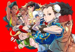  2boys 5girls antenna_hair armpits arms_behind_head asymmetrical_hair beret black_hair blonde_hair blue_dress blue_eyes blue_serafuku bracelet braid breasts brown_eyes brown_hair bun_cover cammy_white capcom china_dress chinese_clothes chun-li cleavage commentary_request cornrows covered_nipples double_bun dress earrings green_leotard hair_bun halterneck hat headband hip_vent ibuki_(street_fighter) impossible_clothes impossible_leotard jewelry kasugano_sakura ken_masters large_breasts laura_matsuda leotard long_hair medium_breasts multiple_boys multiple_girls narrow_waist ninja nishimura_kinu official_art one_eye_closed pointy_ears ponytail red_background red_headband ryu_(street_fighter) sash scar scar_on_cheek scar_on_face school_uniform second-party_source serafuku short_hair solo_focus spiked_bracelet spikes street_fighter street_fighter_iii_(series) street_fighter_v street_fighter_zero_(series) tan toned twin_braids 