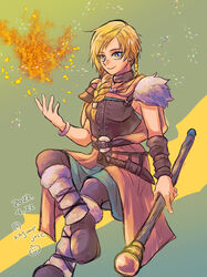  belt bianca_(dq5) blue_eyes boots bracelet braid breasts cape choker dated defense_zero dragon_quest dragon_quest_v female fire hair_over_shoulder holding holding_weapon jewelry long_hair magic medium_breasts orange_cape pyrokinesis side_braid single_braid smile solo staff weapon 